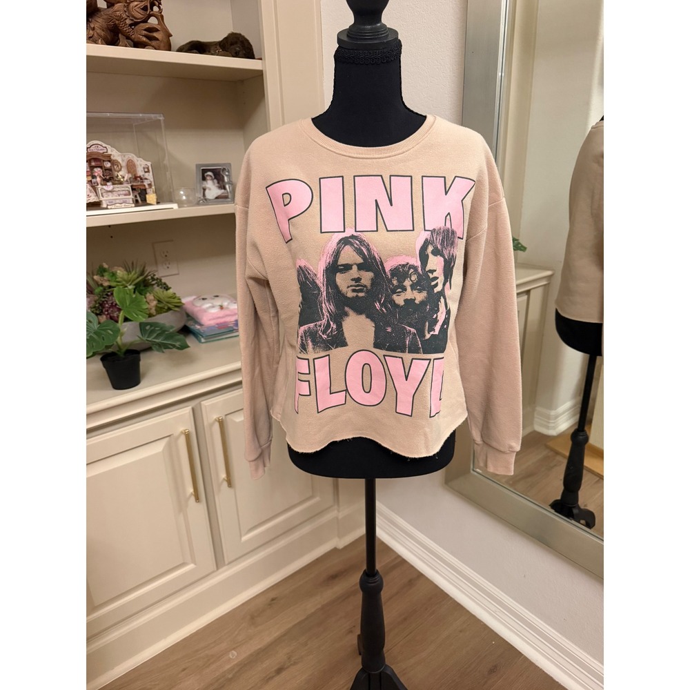 Pink Floyd Graphic Sweatshirt Tan Pink Cropped Raw Hem Youth XL Fits Womens XS